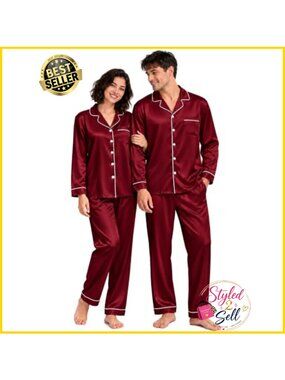 Silk Satin Long Sleeve Pajama Set Button Down Sleepwear